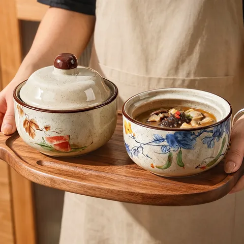 Chinese Retro Ceramic Stew Pot With Lid Underglaze Color Soup Bowl Egg Steaming Crock Kitchen Cookware