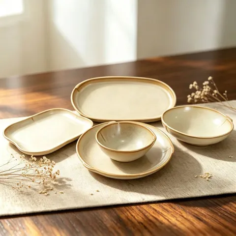 Vaisselle en Céramique Peinte à la Main Vintage Rétro Bord Roulé Bol Assiette