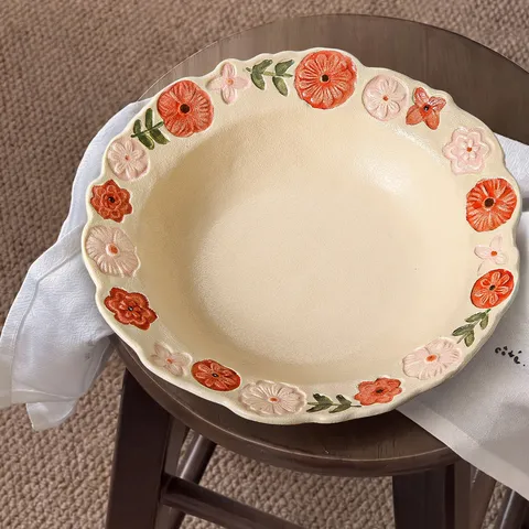 Ensemble Bol et Assiette en Céramique Vaisselle Mignonne en Relief Floral Ensemble Bol et Cuillère Style Ins Vaisselle de Cuisine à Domicile