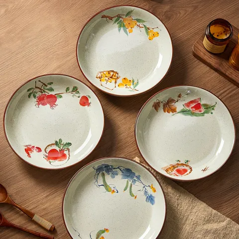 Assiette à Dîner en Céramique Vintage Japonaise Sous Glaçure Motif de Fruits Peint à la Main Plat Rond Vaisselle de Cuisine