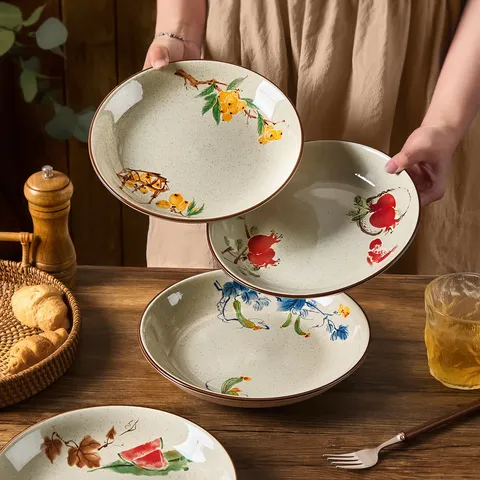 Assiette à Dîner en Céramique Vintage Japonaise Sous Glaçure Motif de Fruits Peint à la Main Plat Rond Vaisselle de Cuisine