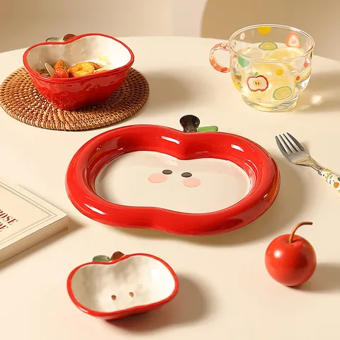 Ensemble de Bol et Plats en Céramique en Forme de Pomme Mignonne Couleur Sous glaçure Assiette à Fruits Soucoupe Cuillère à Soupe Pour Cuisine Salle à Manger Maison
