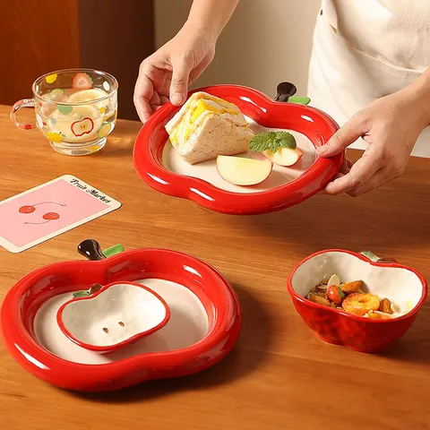 Ensemble de Bol et Plats en Céramique en Forme de Pomme Mignonne Couleur Sous glaçure Assiette à Fruits Soucoupe Cuillère à Soupe Pour Cuisine Salle à Manger Maison