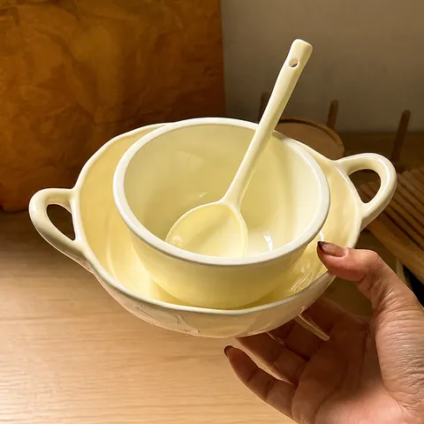 Korean INS Style Ceramic Double Ear Soup Bowl Irregular Tableware Cute Household Breakfast Bowl