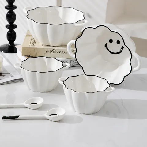 Creative Ceramic Pumpkin Soup Bowl With Double Ears Smiling Face Cute Instant Noodle Bowl Household Tableware Spoon Set