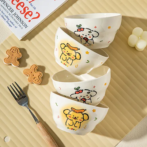 Ensemble Bol et Plat en Céramique de Chiot de Dessin Animé Mignon Couleur Sous Glaçure Bol de Riz Ménager Vaisselle de Cuisine