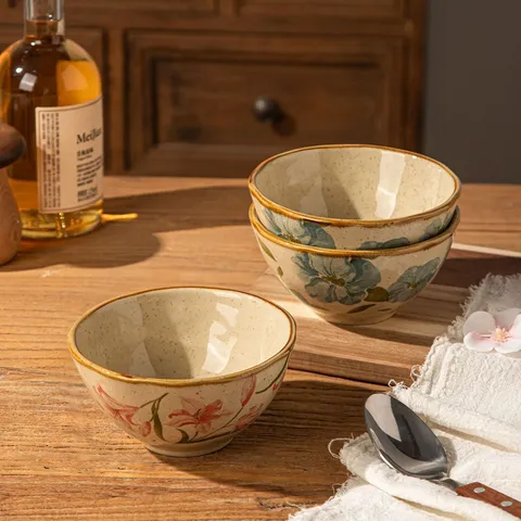 Bol à Riz en Céramique de Style Japonais Sous Glacure Peint à la Main Soupière Florale pour Vaisselle de Cuisine