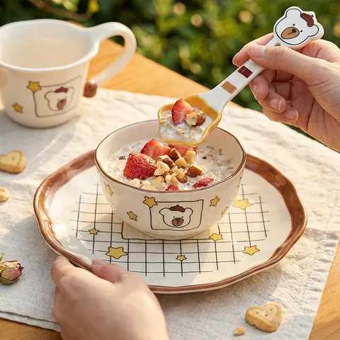 Cute Cartoon Bear Ceramic Bowl Plate Mug Spoon Tableware Set Underglaze Color Household Rice Soup Bowl Dinnerware Gift Box