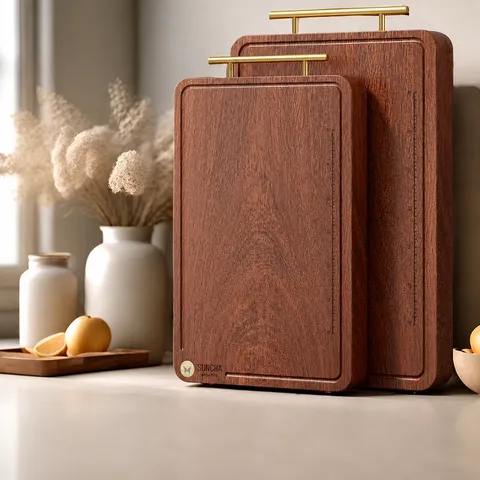 Tabla de Cortar de Madera Maciza Tabla de Picar de Madera de Ébano Natural Tabla de Cocina de Doble Cara con Asa de Metal