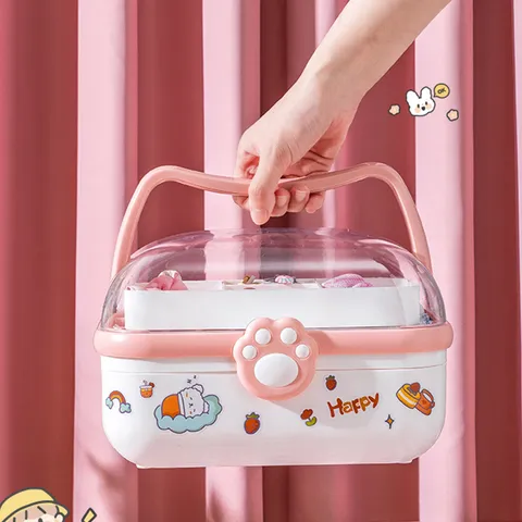 Caja de Almacenamiento de Accesorios de Cabello para Niños Organizador de Cosméticos de Plástico Multicapa Con Tapa Transparente Diseño de Dibujos Animados Lindo Caja de Joyas