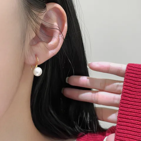 999 Plata de Ley Perla de Agua Dulce Ganchos para Oreja Elegante Minimalista Pendientes Geométrico Redondo Pequeña Perla Colgantes Joyería para Mujeres Regalos