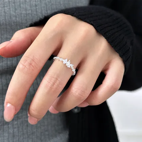 925 Sterlingsilber Schmetterling Blume Ring Für Damen Eingelegt Strass Synthetischer Opal Frisch Süß Nischendesign Fingerring