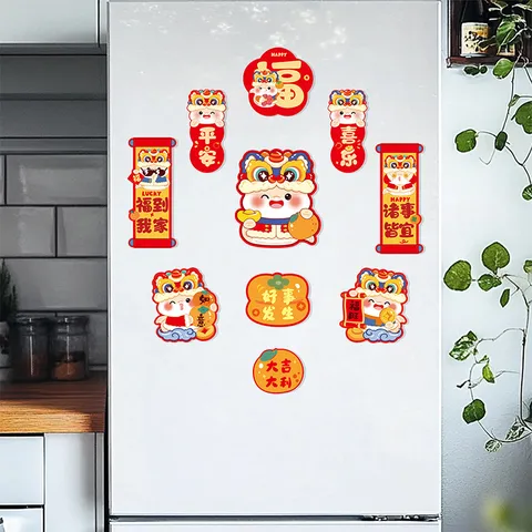 Housewarming Magnetic Fridge Stickers Cartoon Lion Dance Auspicious Blessings Home Decor Decorative Refrigerator Decals