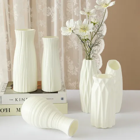 Nordic Style Plastic Imitation Ceramic Flower Vase Geometric Striped Hydroponic Floral Container Living Room Decor