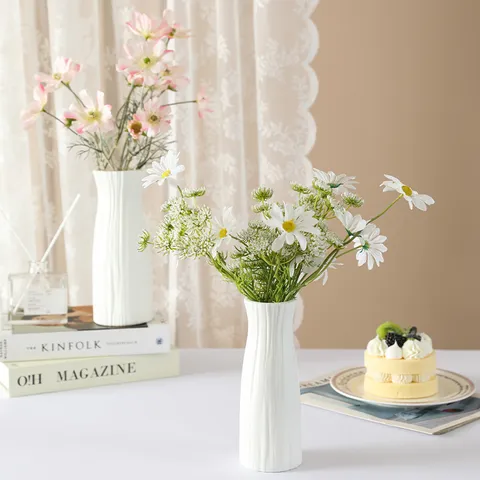 Nordic Style Plastic Imitation Ceramic Flower Vase Geometric Striped Hydroponic Floral Container Living Room Decor
