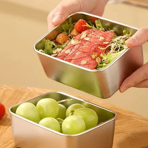 Contenedor De Alimentos De Acero Inoxidable Con Tapa Transparente Caja Bento De Metal Rectangular Nevera Preparación De Comidas