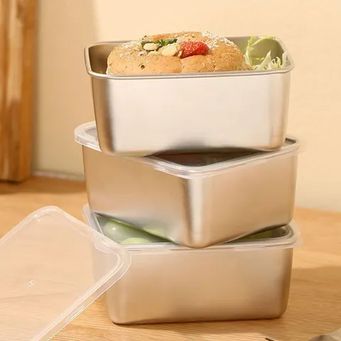 Contenedor De Alimentos De Acero Inoxidable Con Tapa Transparente Caja Bento De Metal Rectangular Nevera Preparación De Comidas