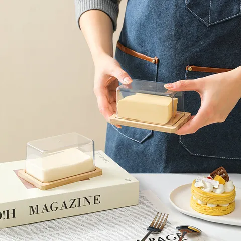 Contenitore Per Alimenti Rettangolare Scatola Trasparente PET Con Coperchio In Bambù Naturale Organizer Da Cucina Per Formaggio E Burro