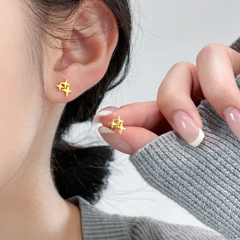 Minimalist 925 Sterling Silver Earring Post Three Star Stud Earrings Delicate Small Geometric Four Point Star Earrings For Women Jewelry