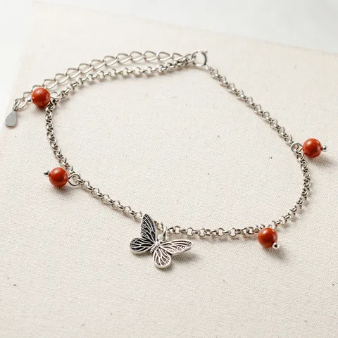 Chaîne de Cheville Papillon en Argent Sterling 925 Vintage pour Femme Perles d'Agate Rouge du Sud Chaîne Réglable Bijoux de Pied