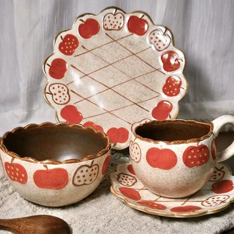 Vaisselle en Céramique à Motif de Pomme Vintage Mignonne Ménage Vaisselle Bol Assiette Bol à Salade Et Tasse à Café
