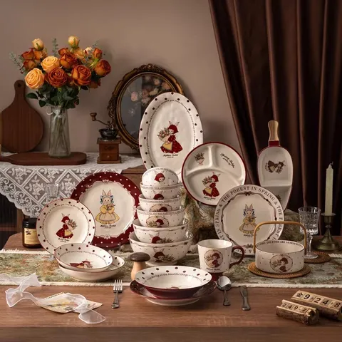 Rétro Dessin Animé Céramique Bol Assiette Tasse Ensemble de Vaisselle Motif Hepburn Rabbit Sous Glaçure pour Cuisine Maison