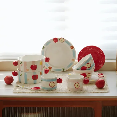 Cute Cartoon Ceramic Bowl Plate Mug Set Underglaze Color Pink Blue Apple Tableware Household Dinnerware Gift