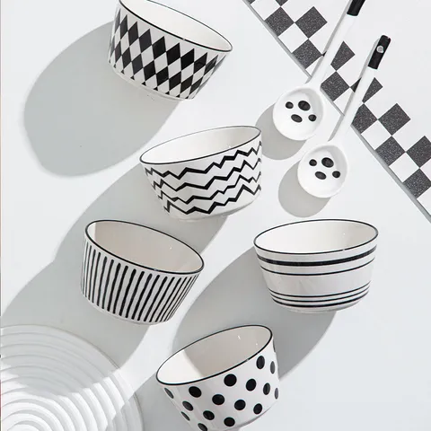 Bol à Riz en Céramique Minimaliste Rayé et Pois Noir et Blanc Design Sous-glaçure Vaisselle pour Maison Cuisine