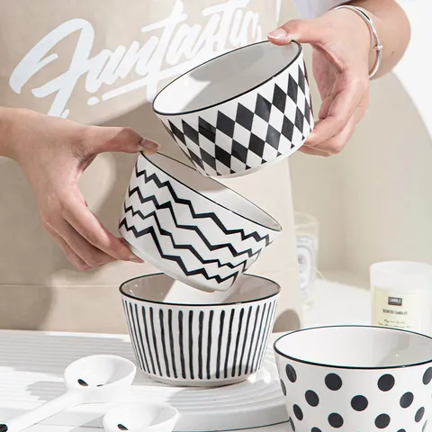 Bol à Riz en Céramique Minimaliste Rayé et Pois Noir et Blanc Design Sous-glaçure Vaisselle pour Maison Cuisine