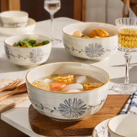 Japanese Ceramic Soup Bowl Large Capacity Underglaze Color Floral Ramen Bowl Household Tableware Ceramic Dinnerware Bowl For Kitchen