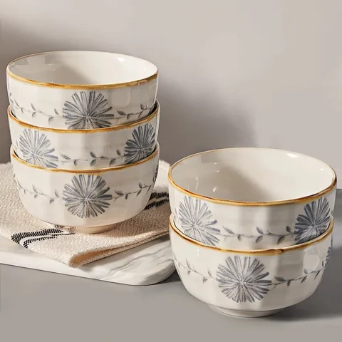 Vaisselle en Céramique Sous Glaçure Japonaise Bol à Riz Bol à Soupe Ménage Motif Floral Ensemble de Vaisselle Combinaison de Plats de Cuisine