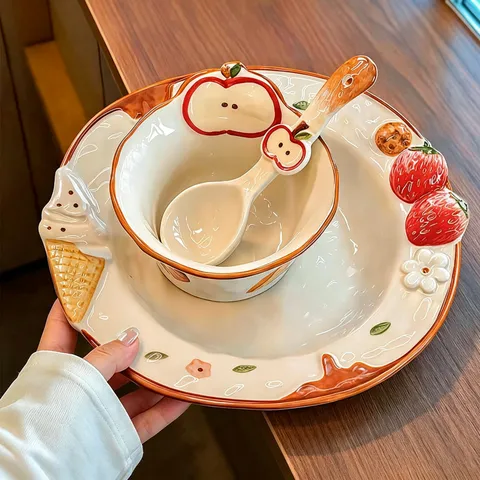Ensemble de Vaisselle en Céramique Peint à la Main Joli Motif de Fruit Bol Assiette Cuillère Boîte Cadeau
