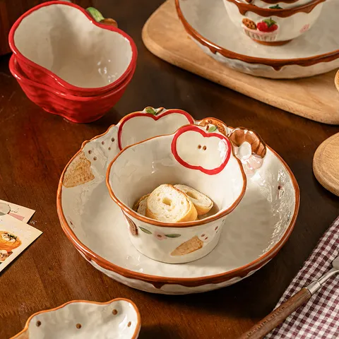 Ensemble de Vaisselle en Céramique Peint à la Main Joli Motif de Fruit Bol Assiette Cuillère Boîte Cadeau