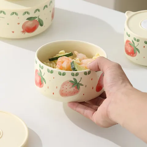 Bol de Conservation en Céramique avec Motif de Fruits et Couvercle Passe au Micro-ondes Boîte à Bento Mignon de Dessin Animé pour Étudiants et Employés de Bureau