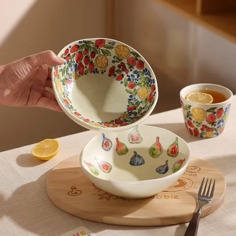 Vintage Ceramic Bowl Mug Set Hand Painted Fruit Pattern Salad Yogurt Bowl Home Dining Tableware Kitchen Dinnerware