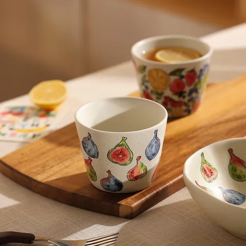 Vintage Ceramic Bowl Mug Set Hand Painted Fruit Pattern Salad Yogurt Bowl Home Dining Tableware Kitchen Dinnerware
