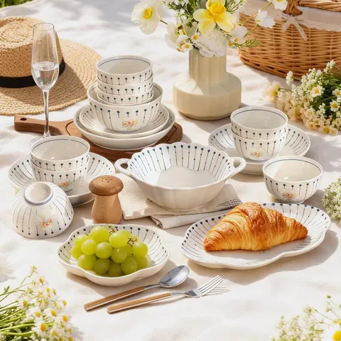 Service de Vaisselle en Céramique Sous Glaçure de Luxe Français Rayure Bleue Motif Floral Bol Assiette pour Cuisine Restaurant