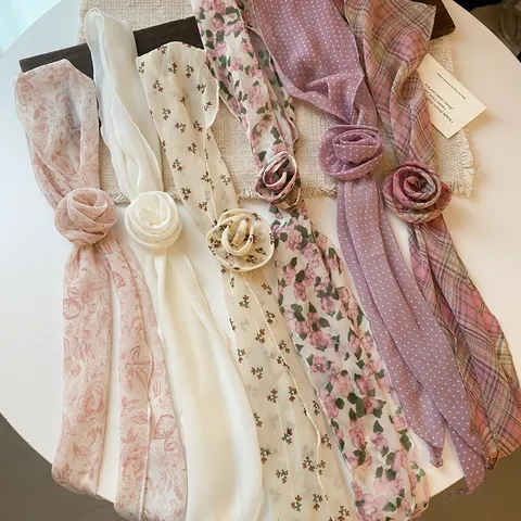 Franse Vintage Chiffon Sjaal Ketting Voor Vrouwen Elegante 3D Roos Bloem Skinny Sjaal Bloemen Polka Dot Choker Accessoire