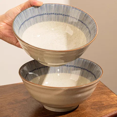 Bol à Ramen en Céramique de Style Japonais Rayé Vaisselle Vintage Grand Bol à Soupe
