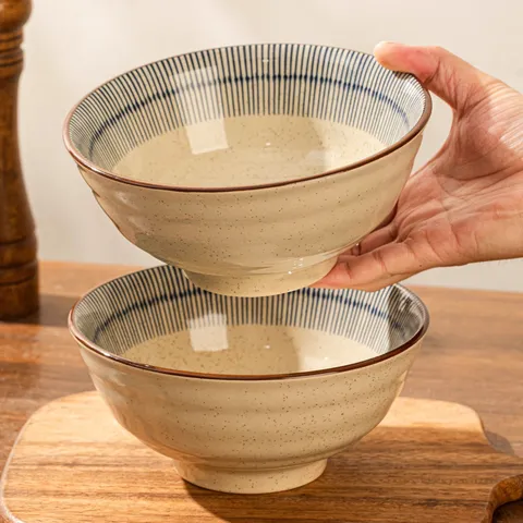 Bol à Ramen en Céramique de Style Japonais Rayé Vaisselle Vintage Grand Bol à Soupe