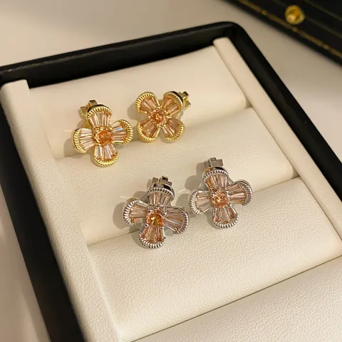 Vintage Koperen Zirconia Bloem Oorclips Voor Vrouwen Niet Gepierced Florale Oorbellen Lichtoranje Kristal Ontwerp Sieraden Cadeau