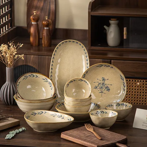 Ensemble de Vaisselle en Céramique Sous Glaçure Vintage Bol et Assiette Rétro Imprimé Floral Bleu pour Cuisine et Salle à Manger