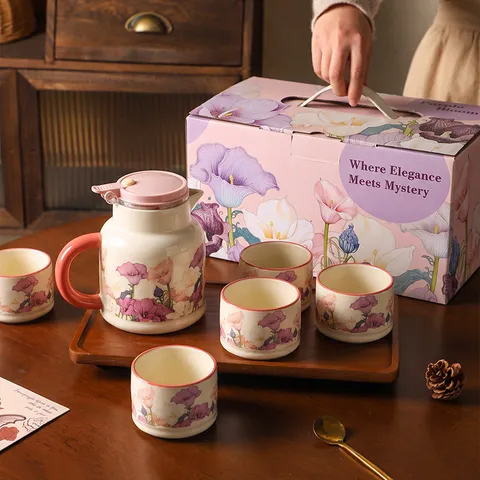 Service à Thé en Céramique Avec Théière Tasses et Plateau en Bois Boîte Cadeau pour Cuisine Maison Pendaison de Crémaillère