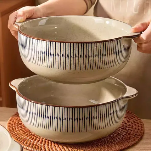 Japanese Retro Ceramic Soup Bowl Large Capacity Double Ear Bowl Tableware