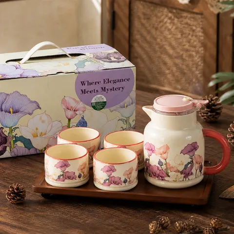 Service à Thé en Céramique Avec Théière Tasses et Plateau en Bois Boîte Cadeau pour Cuisine Maison Pendaison de Crémaillère