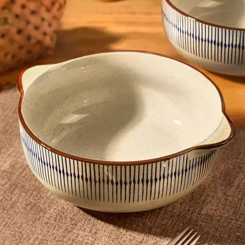 Japanese Retro Ceramic Soup Bowl Large Capacity Double Ear Bowl Tableware