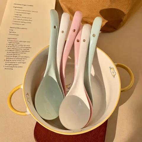 Japanese Style Ceramic Soup Spoon Long Handle Solid Color Cream Dinner Spoon Kitchen Tableware For Home Dining
