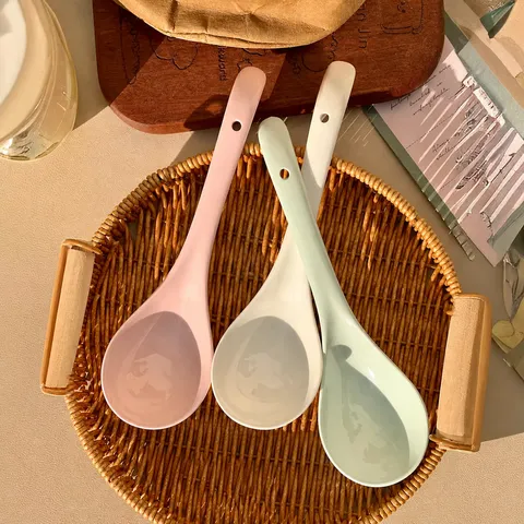 Japanese Style Ceramic Soup Spoon Long Handle Solid Color Cream Dinner Spoon Kitchen Tableware For Home Dining