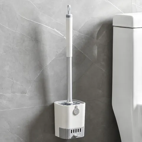 Conjunto de Escobilla de Baño Montada en Pared de Plástico Mango Largo Escobilla para Inodoro con Bandeja de Drenaje Herramienta de Limpieza de Baño