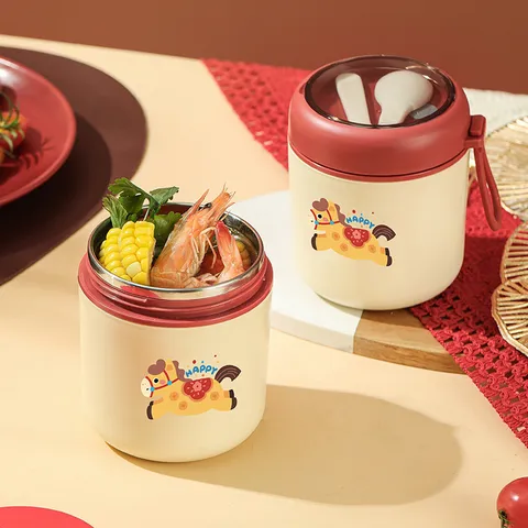 Taza de Desayuno Portátil de Acero Inoxidable 304 Aislada al Vacío Con Tapa Cuchara y Lindo Patrón de Pony Tarro de Sopa A Prueba de Fugas